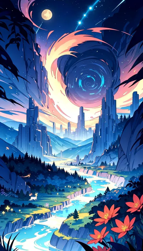 A breathtakingly beautiful and abstract fantasy landscape,with towering mountains that reach into the heavens and lush forests that stretch as far as the eye can see. Floating islands drift lazily in the sky,and mythical creatures soar through the air. The sky is a vibrant tapestry of color,with multiple moons and asteroids orbiting a central planet. Auroras dance across the horizon,casting an ethereal glow over the entire scene. In the foreground,strange and wonderful plants and flowers bloom,and novas and trials erupt in the distance. The overall atmosphere is one of wonder,enchantment,and limitless possibility.,