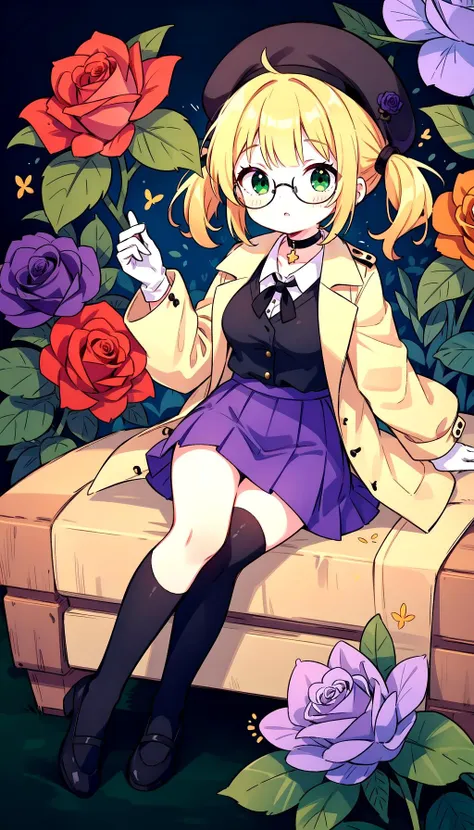 1girl,blonde,yellow hair,twintails,(green eyes),black trench coat,black beret,purple vest,(purple skirt:1.3),black thighhighs,black shoes,twintails,golden trims,white roses,black tie,black choker necklace,twintails curly hair,short hair,open coat,large thighs,medium breasts,teenage,white gloves,glasses,eyewear,