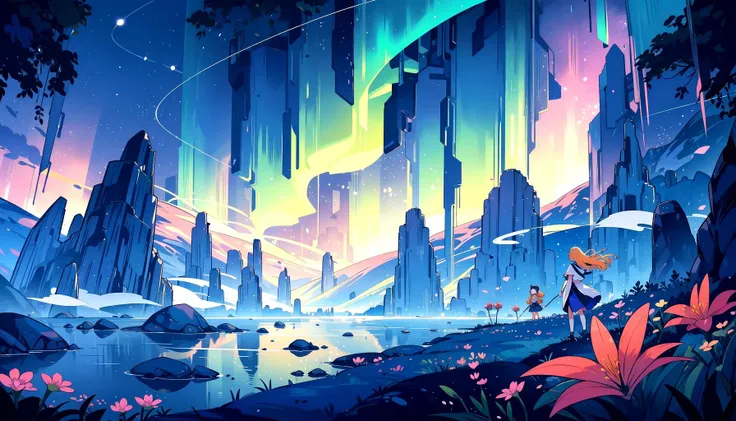 A breathtakingly beautiful and abstract fantasy landscape,with towering mountains that reach into the heavens and lush forests that stretch as far as the eye can see. Floating islands drift lazily in the sky,and mythical creatures soar through the air. The sky is a vibrant tapestry of color,with multiple moons and asteroids orbiting a central planet. Auroras dance across the horizon,casting an ethereal glow over the entire scene. In the foreground,strange and wonderful plants and flowers bloom,and novas and trials erupt in the distance. The overall atmosphere is one of wonder,enchantment,and limitless possibility.,