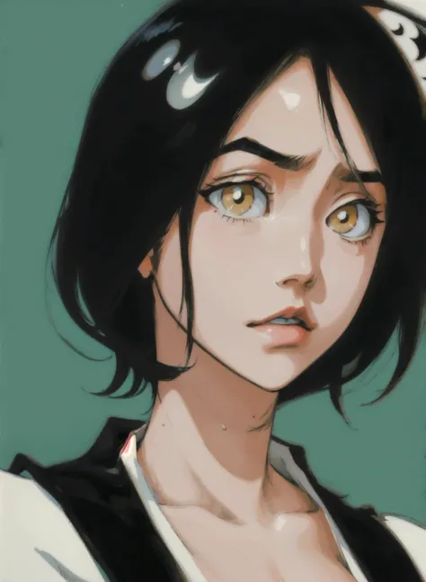 1girl, solo, (simple background:1.3), upper body, best quality, masterpiece, detailed eyes, large breasts, plant, eyebrows, 1 girl, adult woman, yellow eyes, large breasts, white, black, simple background, simple color palette, <lora:GiselleGewelle:0.25>, (solo:1.2), <lora:Bleach-05:0.75> <lora:Bleach-03:0.5>, art by tite kubo, digital painting, alcohol marker style, official tite kubo art, full color portrait, simple artwork, art depicting 1 person, nemu Kurotsuchi