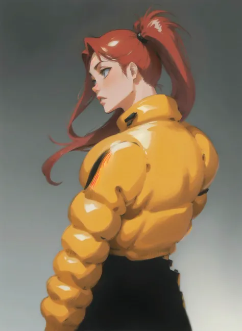 adult, solo, gray eyes, yellow ponytail hair, dark red, black, 1990s \(style\), tr90style, simple background, simple color palette, <lora:GiselleGewelle:0.25>, (solo:1.2), <lora:Bleach-05:0.75> <lora:Bleach-03:0.5>