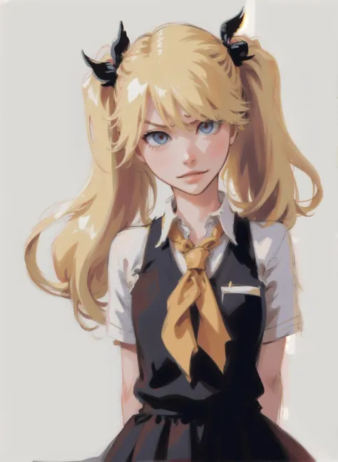 1girl, solo, long hair, looking at viewer, angry, evil smile, simple background, white background, twintails, blonde hair, black hair tie, bow hair tie, (solo:1.2), (arms behind back:1.1), school uniform, necktie,  <lora:Bleach-05:0.75> <lora:Bleach-03:0.5>