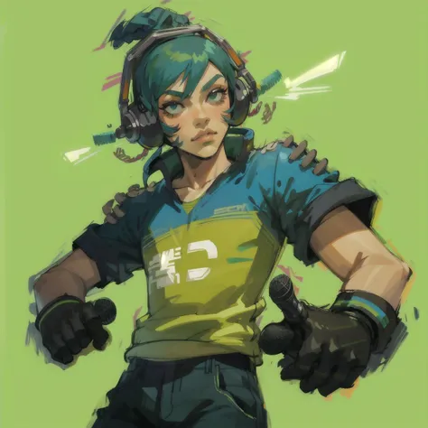 Jet-Set-Radio, solo, simple background, shirt, gloves, 1boy, microphone, green background, holding microphone, <lora:Jet-Set-Radio:1>