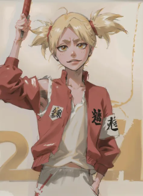 sarugaki hiyori, barefoot, blonde hair, yellow eyes, short twintails, small breasts,
open jacket, red jacket, white shirt, sleeveless, red track pants,
1girl, solo, (portrait), standing, indoors, smile, best quality, masterpiece, highres, absurdres, high quality,  <lora:Bleach-05:0.7> <lora:Bleach-03:0.5>  <lora:ch-sarugakihiyori -Bleach:1>