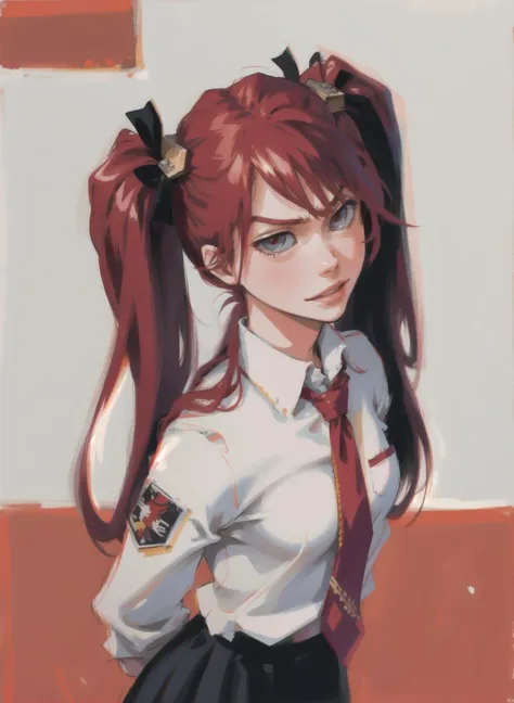 1girl, solo, long hair, looking at viewer, angry, evil smile, simple background, white background, twintails, red hair, black hair tie, bow hair tie, (solo:1.2), (arms behind back:1.1), school uniform, necktie,  <lora:Bleach-05:0.75> <lora:Bleach-03:0.5>