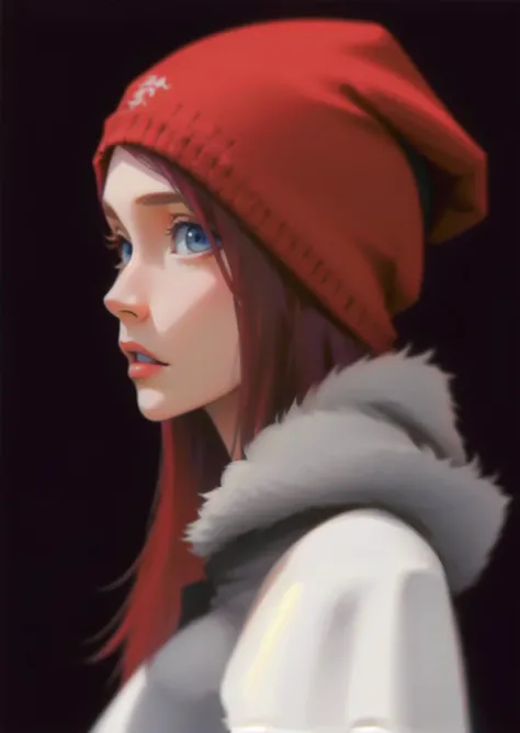solo, blue eyes, simple background, 1girl, red hair, upper body, large breasts, hoodie, profile, digital_art, beanie, hat, <lora:Bleach-05:0.8> <lora:Bleach-03:0.5>