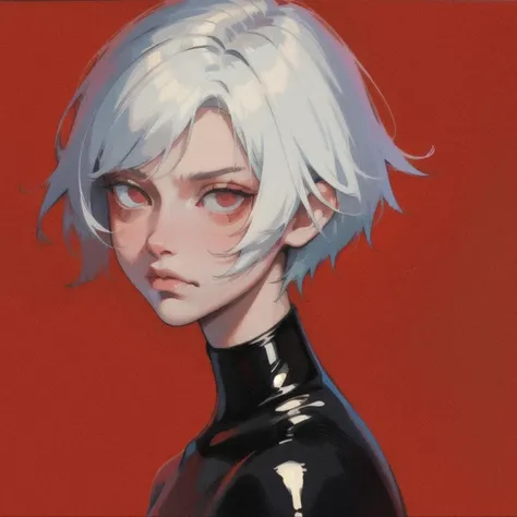 1boy, short hair, white hair, red pupils, latex clothing, simple clothing, upper body, detailed face, serious face, black lipstick, simple background, red background, <lora:Flat_Art_Style_v2:1.15>
