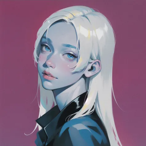 1boy, blue skin, white hair, long hair, straight hair, upper body, detailed face, bored face, simple background, <lora:Flat_Art_Style_v2:1.15>