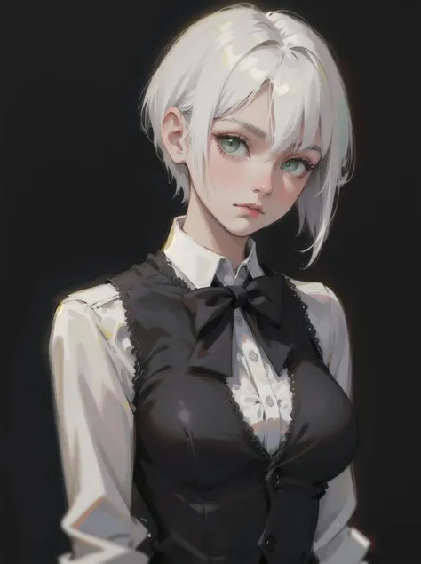 1girl, green eyes, eyes , white hair, razor cut hair, short hair, best quality, absurdres, dark theme, (large breasts:1.1), simple background, vest, white shirt, collared shirt, black vest, formal, bowtie