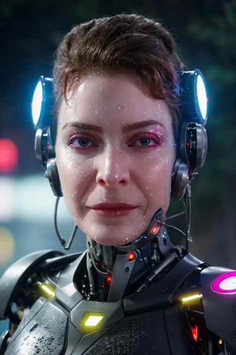 portrait style photography, solo, looking at viewer, (futuristic cyborg lady:1.25), mechanical body, rainy, wet, at night, neon light, soft colors, bokeh, masterpiece, high quality, (high detailed skin:1.1)
 <lora:esmé_bianco_lora_v01:1> esme82
