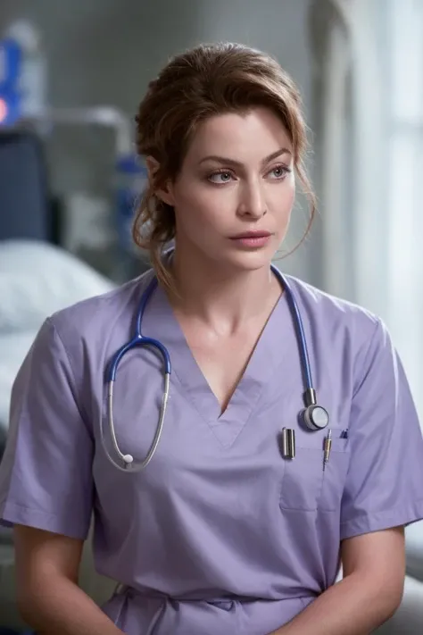 portrait style photography, solo, looking at viewer, a nurse in scrubs is worried about her patient's condition, hospital, soft colors, bokeh, masterpiece, high quality, (high detailed skin:1.1)
 <lora:esmé_bianco_lora_v01:1> esme82