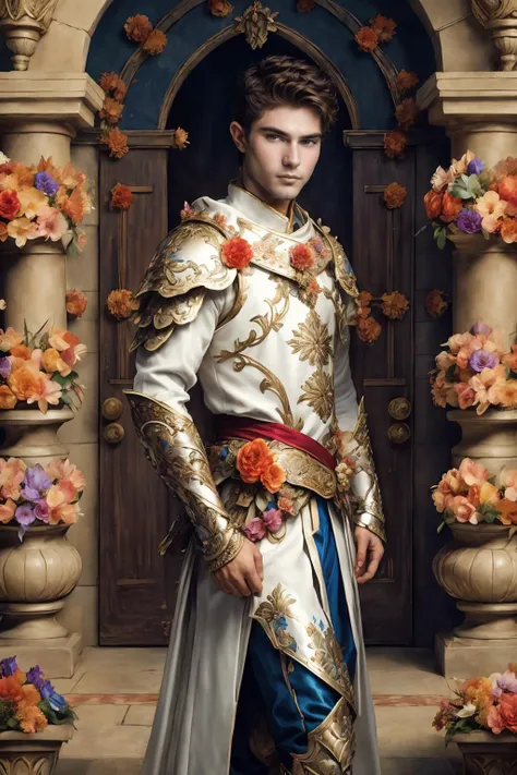 digital illustration, (twk) <lora:sc_tanner_prodigy-06:1>, a detailed and atmospheric portrayal of a handsome prince sc_tanner clad in intricate flower4rmor armor, fantasy elements, powerful elegant stance, nobility and strength, center composition <lora:Clothing - Flower Armor:0.8>, powerful welcoming expression, <lora:add_detail:0.5>, Magali Villeneuve style