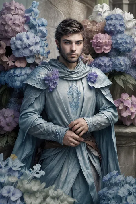 fantasy illustration, beard, <lora:sc_tanner_prodigy-06:1>, looking at viewer, a detailed and atmospheric portrayal of a prince (sc_tanner) clad in flower4rmor Numenor rogue armor, fantasy elements, <lora:Clothing - Flower Armor:0.5>, weathered stone, sea harbor, contemplative expression, <lora:add_detail:0.5>, hydrangeas, delphinium, orchids, sea holly <lora:Numenor:0.3>
