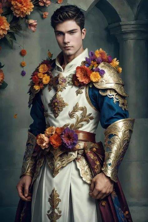 digital illustration, <lora:sc_tanner_prodigy-06:1>, a detailed and atmospheric portrayal of a handsome prince sc_tanner clad in intricate flower4rmor armor, fantasy elements, powerful elegant stance, nobility and strength, center composition <lora:Clothing - Flower Armor:0.8>, powerful welcoming expression, <lora:add_detail:0.5>