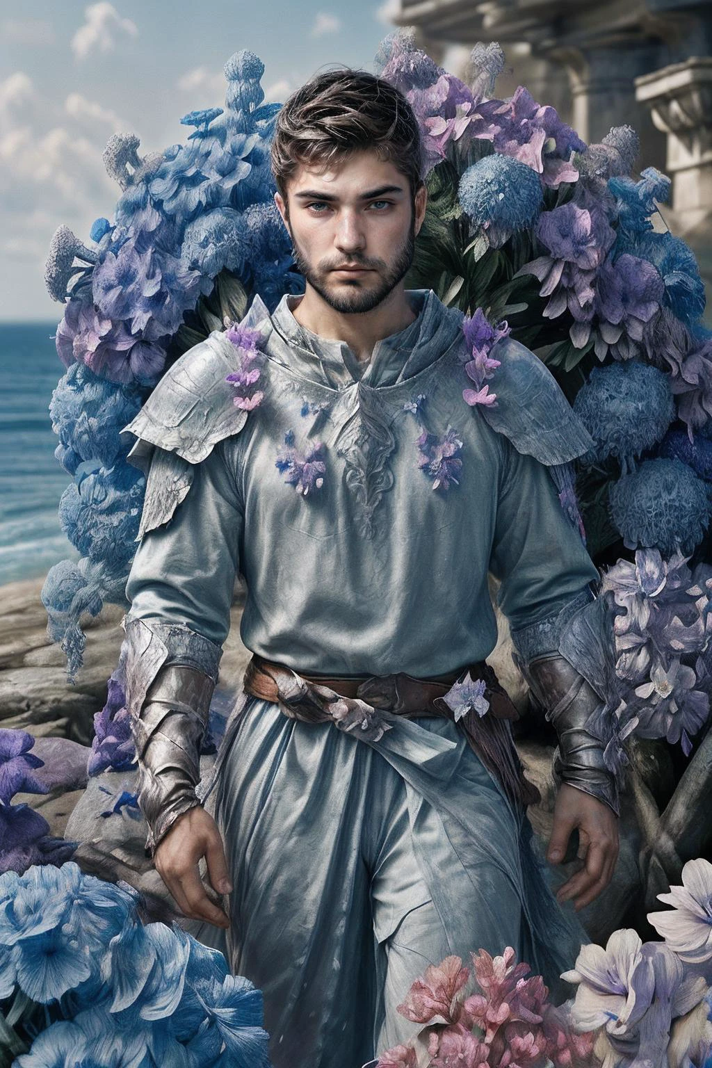 fantasy illustration, beard, <lora:sc_tanner_prodigy-06:1>, looking at viewer, a detailed and atmospheric portrayal of a prince (sc_tanner) clad in flower4rmor Numenor armor, fantasy elements, <lora:Clothing - Flower Armor:0.5>, weathered stone, sea harbor, contemplative expression, <lora:add_detail:0.5>, hydrangeas, delphinium, orchids, sea holly <lora:Numenor:0.3>