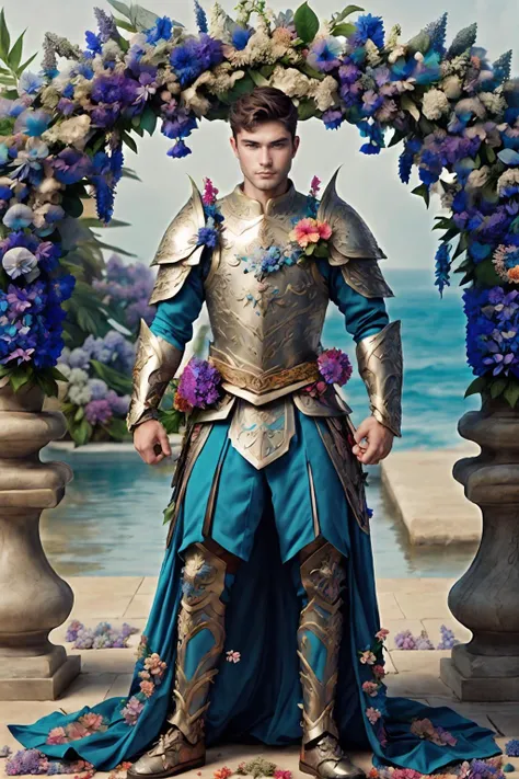 digital illustration, (twk) <lora:sc_tanner_prodigy-06:1>, a detailed and atmospheric portrayal of a handsome prince sc_tanner clad in intricate flower4rmor armor, teal, fantasy elements, dynamic stance, nobility and strength, center composition <lora:Clothing - Flower Armor:0.8>, weathered stone, powerful welcoming expression, <lora:add_detail:0.5>, Magali Villeneuve style, hydrangeas, delphinium, orchids, sea holly