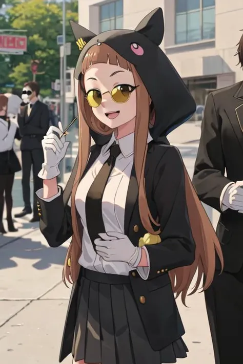 best quality, masterpiece, highres, solo, {black business suit:1.40}, {tie:1.20}, {sunglasses:1.25}, {white gloves:1.15}, {white shirt:1.10}, {black skirt:1.15}, {smoking:1.20}, handsome, {kurumi_lycorisrecoil:1.15}, blonde_hair, long_hair, hairband, black_hairband, forehead, hoodie, black_ribbon, blue_eyes, ribbon, closed_mouth, hair_ribbon, white_hoodie, indoors