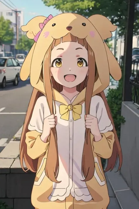 best quality, masterpiece, highres, solo, {ichihara_nina_theidolmastercinderellagirlsu149:1.15}, brown_hair, long_hair, bangs, brown_eyes, blunt_bangs, smile, open_mouth, cosplay, bow, kigurumi, yellow_eyes, 1girl, looking_at_viewer, :d, outdoors, shirt, blush, white_shirt, parody
