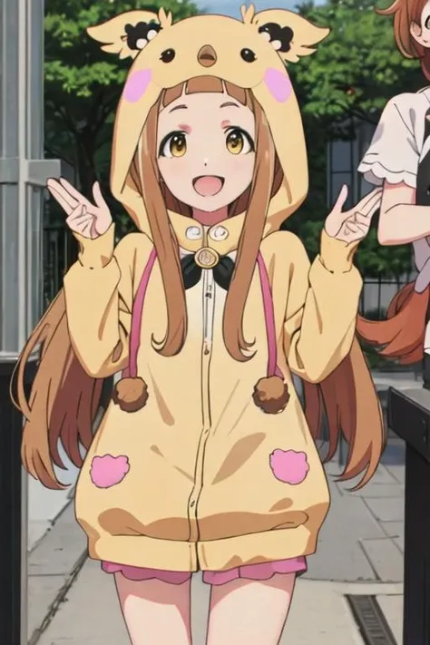 best quality, masterpiece, highres, solo, {ichihara_nina_theidolmastercinderellagirlsu149:1.15}, brown_hair, long_hair, bangs, brown_eyes, blunt_bangs, smile, open_mouth, cosplay, bow, kigurumi, yellow_eyes