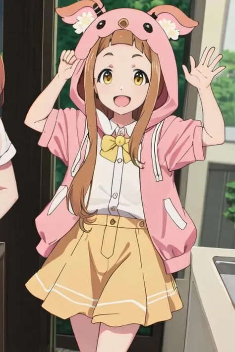 best quality, masterpiece, highres, solo, {ichihara_nina_theidolmastercinderellagirlsu149:1.15}, brown_hair, long_hair, bangs, brown_eyes, blunt_bangs, smile, open_mouth, cosplay, bow, kigurumi, yellow_eyes, bowtie, hood, pink_bow, 1girl, :d, animal_costume, hood_up, animal_hood, looking_at_viewer, arms_up, clenched_hands