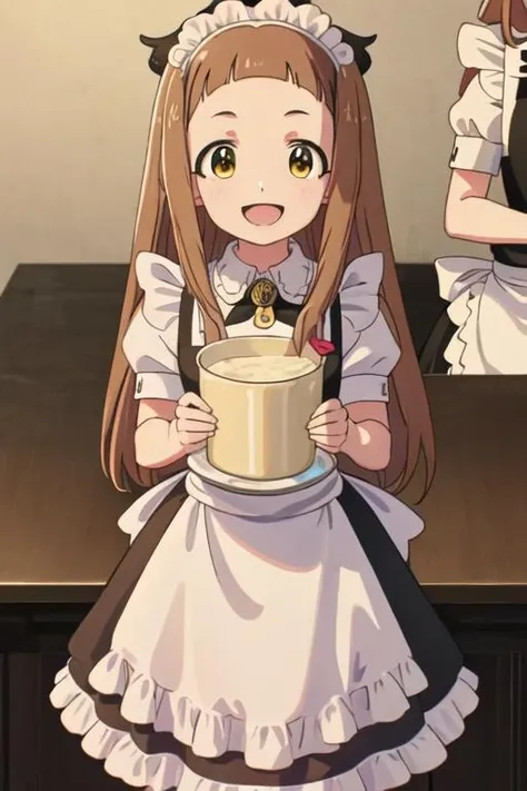 best quality, masterpiece, highres, solo, {maid:1.40}, {long maid dress:1.15}, {ichihara_nina_theidolmastercinderellagirlsu149:1.15}, brown_hair, long_hair, bangs, brown_eyes, blunt_bangs, smile, open_mouth, cosplay, bow, kigurumi, yellow_eyes