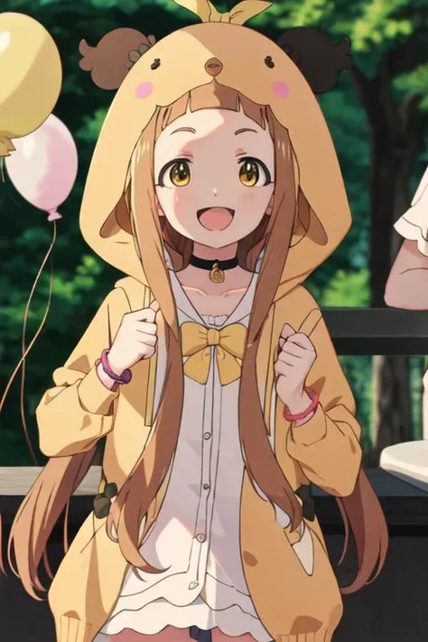 best quality, masterpiece, highres, solo, {ichihara_nina_theidolmastercinderellagirlsu149:1.15}, brown_hair, long_hair, bangs, brown_eyes, blunt_bangs, smile, open_mouth, cosplay, bow, kigurumi, yellow_eyes, 1girl, blurry, choker, hair_bow, black_choker, collarbone, looking_at_viewer, blurry_background, balloon, chromatic_aberration, yellow_bow, :d, bracelet, depth_of_field, striped, white_bow