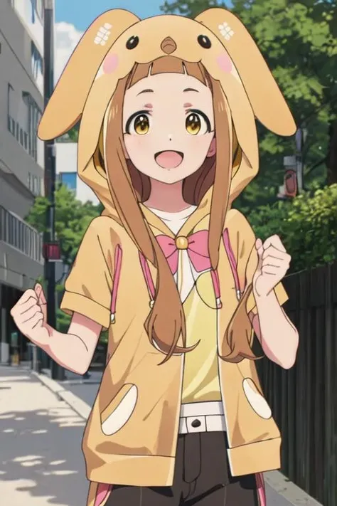 best quality, masterpiece, highres, solo, {ichihara_nina_theidolmastercinderellagirlsu149:1.15}, brown_hair, long_hair, bangs, brown_eyes, blunt_bangs, smile, open_mouth, cosplay, bow, kigurumi, yellow_eyes, 1girl, looking_at_viewer, shirt, short_sleeves, white_shirt, upper_body, :o, outdoors