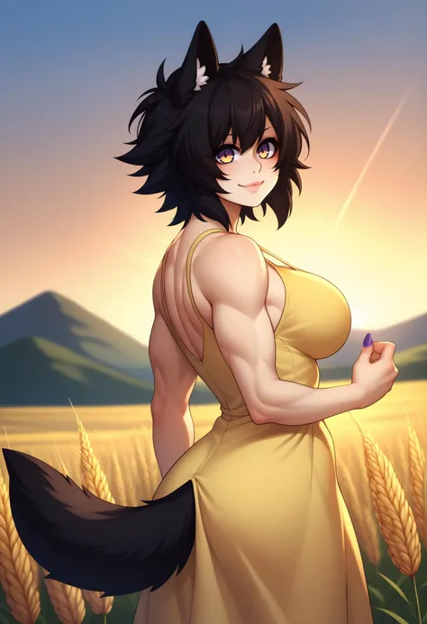 score_9, score_8_up, score_7_up, detailed, BREAK 1girl, solo, mnori, wolf girl, wolf tail, animal ears, multicolored eyes, black hair, short hair, large breasts, nail polish, <lora:MnoriYamatoPDXL_V1-Manityro-CAME:1.0>,
yellow sundress,
looking at viewer, light smile, toned, looking back,
outdoors, wheat field, sunset,