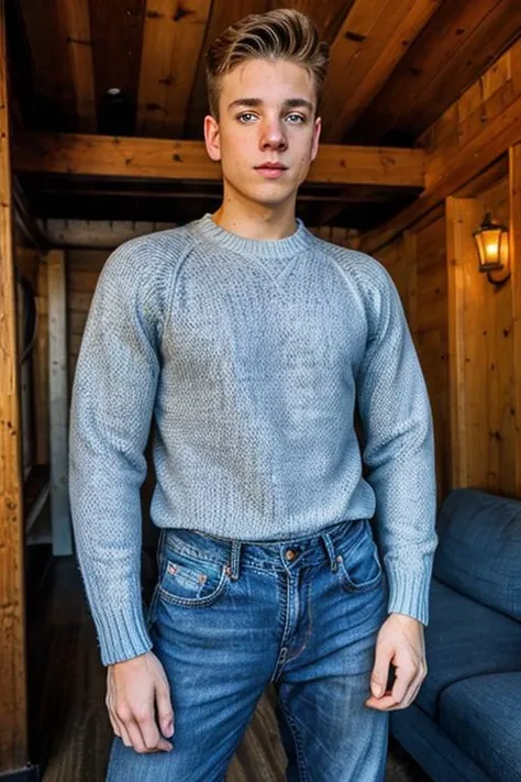 <lora:ConnorPeters:0.8> ConnorPeters, wearing a sweater and jeans, in a ski lodge