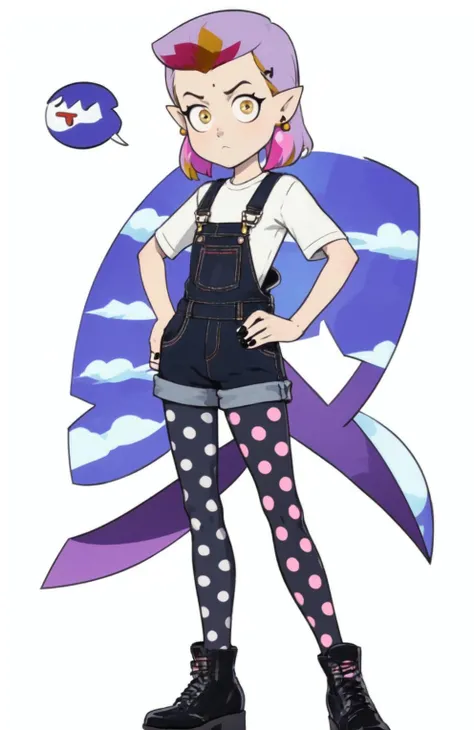 masterpiece, best quality, <lora:Amity_Blight SD1.5 V1.0:1> amity_blight, S3 hair, medium hair, looking at viewer, simple background, flat chest, shirt, white background, jewelry, standing, full body, yellow eyes, purple hair, pantyhose, multicolored hair, earrings, boots, pointy ears, nail polish, two-tone hair, hand on hip, frown, transparent background, polka dot, black nails, overalls, polka dot legwear, outdoors,