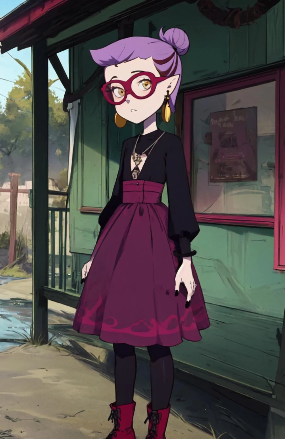 masterpiece, best quality, <lora:Amity_Blight SD1.5 V1.0:1> amity_blight, S2 hair, looking at viewer, short hair, flat chest, dress, jewelry, standing, yellow eyes, full body, purple hair, pantyhose, earrings, boots, red glasses, pointy ears, hair bun, nail polish, single hair bun, sunglasses, black nails, tinted eyewear, outdoors,