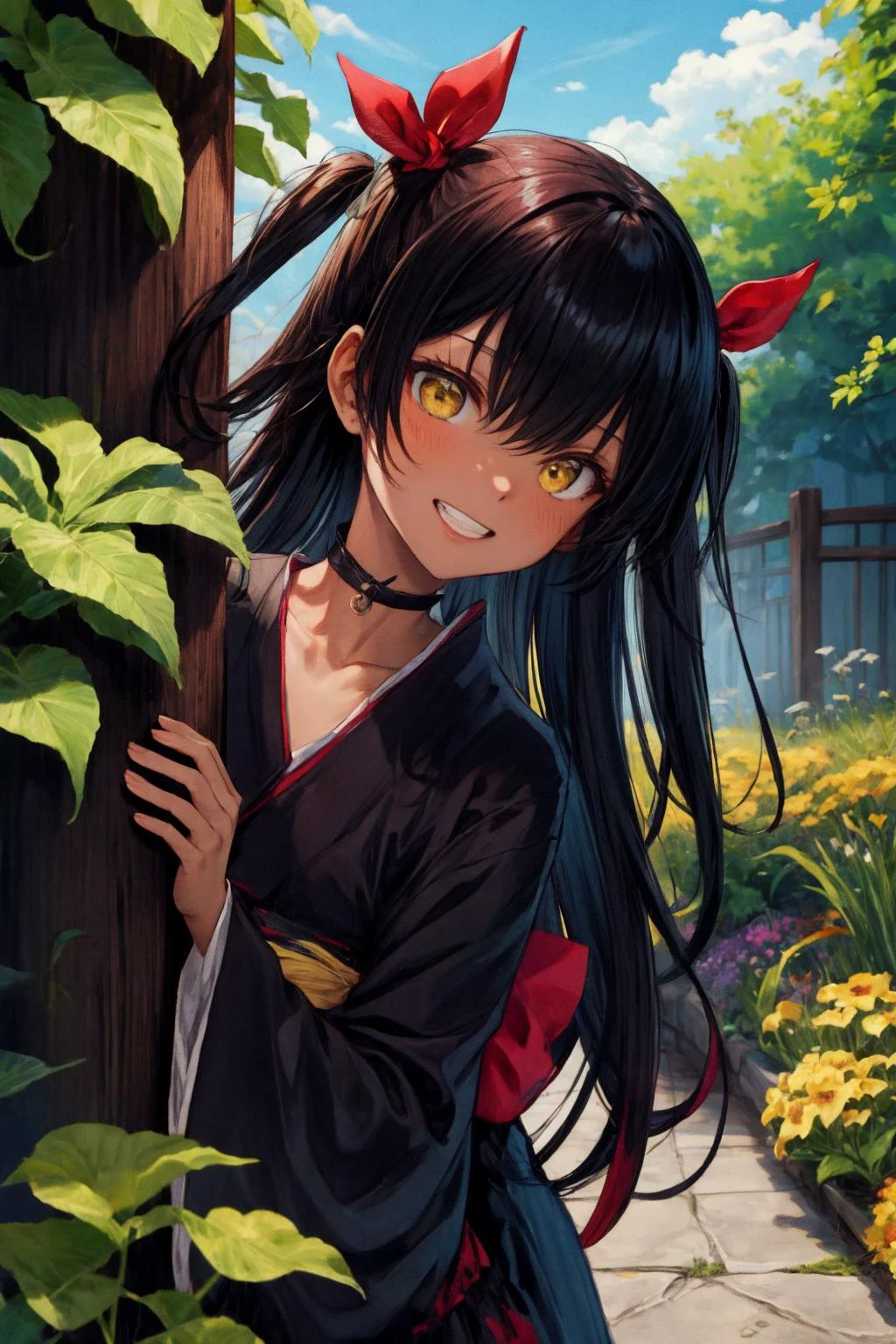 masterpiece, best quality, highres, aanemesis, long hair, black hair, two side up, hair ribbon, tan, dark skin, black choker, frills, japanese clothes, (black kimono:1.2), obi, purple skirt <lora:nemesis_v1:0.7>, grin, peeking out upper body <lora:peeking_out_upper_body_pruned:1.4> , garden, yellow flower