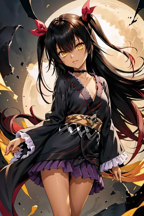 (masterpiece, best quality), 1girl, <lora:nemesis_v1:1> aanemesis, long hair, black hair, two side up, hair ribbon, tan, dark skin, black choker, frills, japanese clothes, (black kimono:1.2), obi, purple skirt