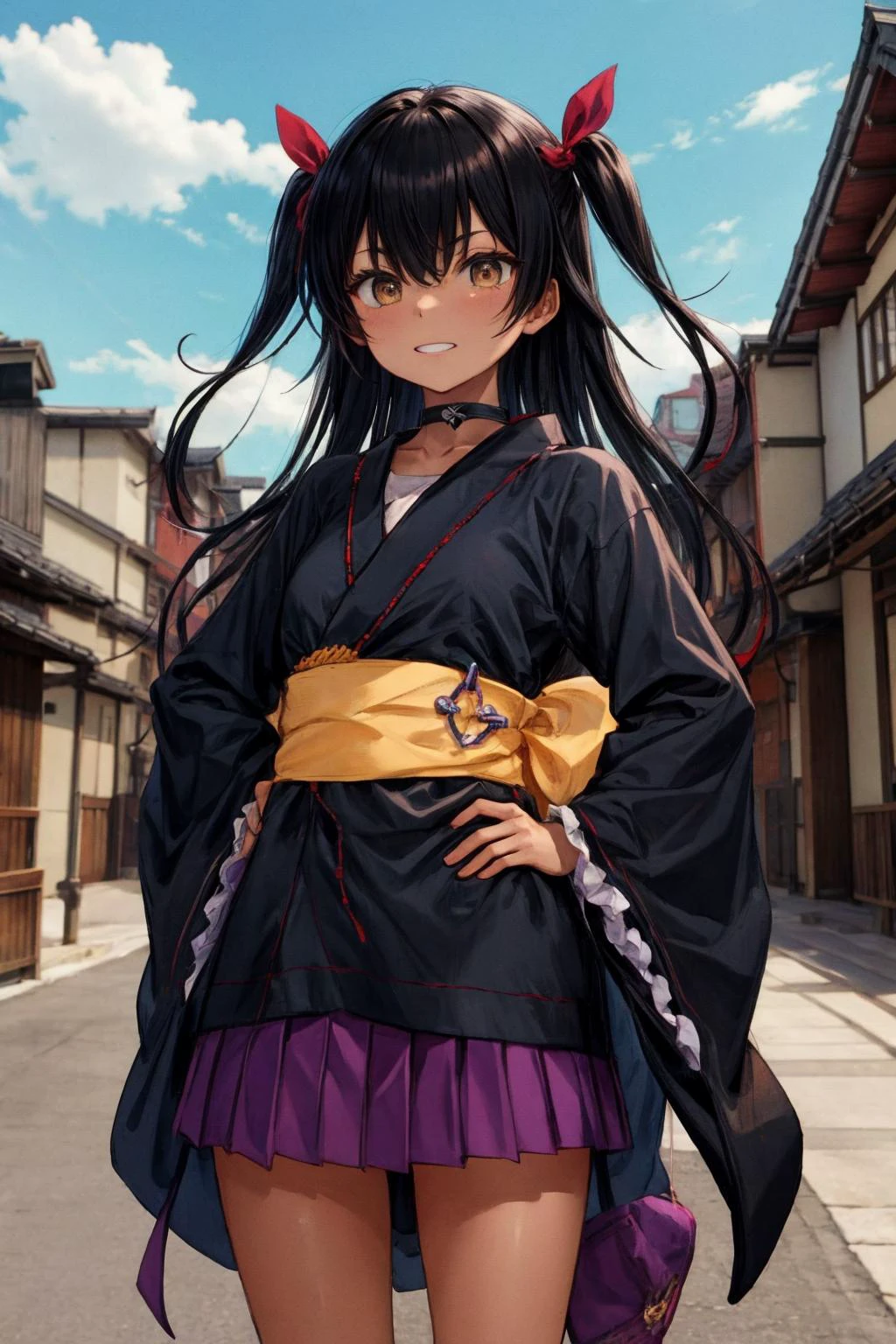 masterpiece, best quality, highres, aanemesis, long hair, black hair, two side up, hair ribbon, tan,. dark skin, black choker, frills, japanese clothes, (black kimono:1.2), obi, purple skirt, <lora:nemesis_v1:0.7>, hand on hip, standing, grin, outdoors, cowboy shot,