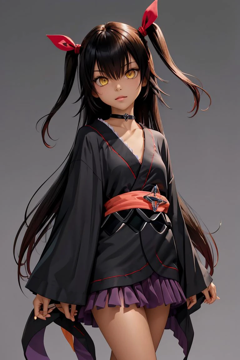 (masterpiece, best quality), 1girl, <lora:nemesis_v1:1> aanemesis, long hair, black hair, two side up, hair ribbon, tan, dark skin, black choker, frills, japanese clothes, (black kimono:1.2), obi, purple skirt