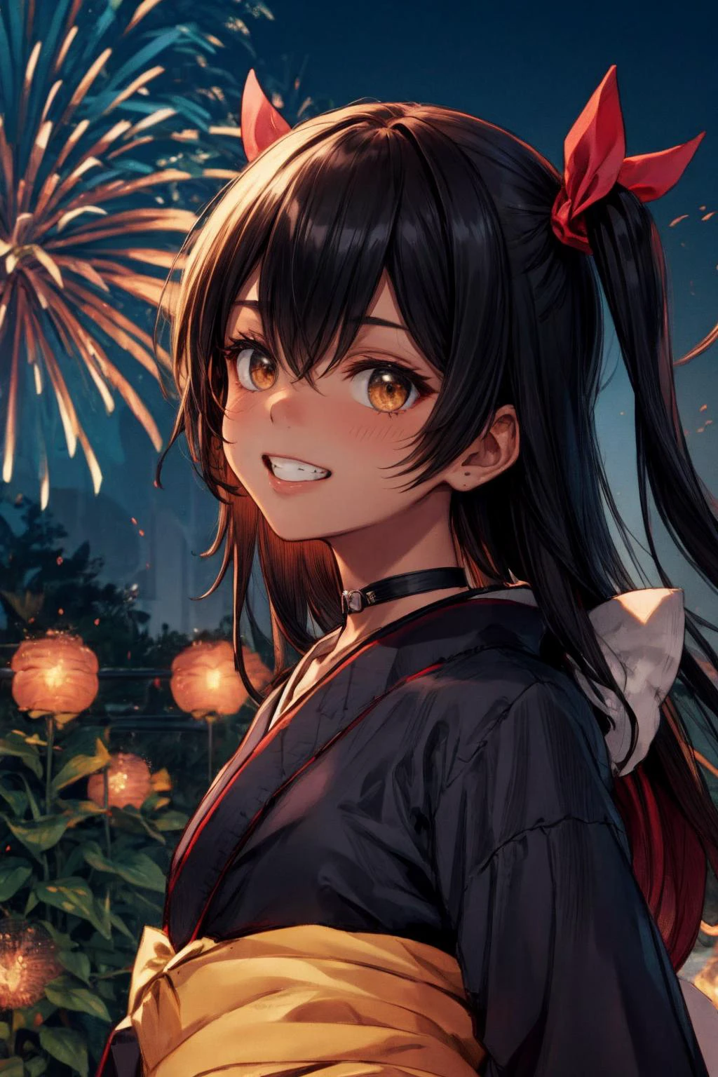 masterpiece, best quality, highres, aanemesis, long hair, black hair, two side up, hair ribbon, tan,. dark skin, black choker, frills, japanese clothes, (black kimono:1.2), obi, purple skirt, <lora:nemesis_v1:0.7>
, close portrait, garden, portrait, close-up,
, grin, ,parted lips, firework, japanese festival
