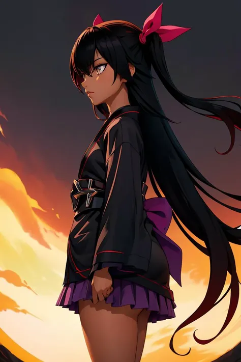 (masterpiece, best quality), 1girl, <lora:nemesis_v1:1> aanemesis, long hair, black hair, two side up, hair ribbon, tan, dark skin, black choker, frills, japanese clothes, (black kimono:1.2), obi, purple skirt