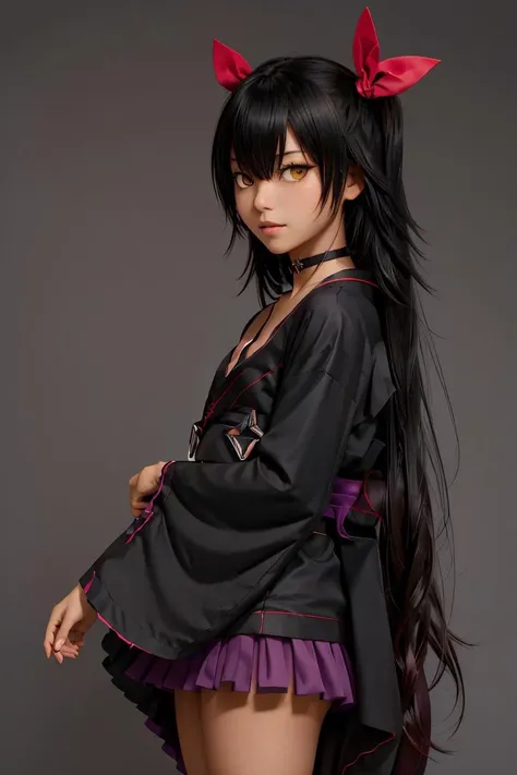 (masterpiece, best quality), 1girl, <lora:nemesis_v1:1> aanemesis, long hair, black hair, two side up, hair ribbon, tan, dark skin, black choker, frills, japanese clothes, (black kimono:1.2), obi, purple skirt