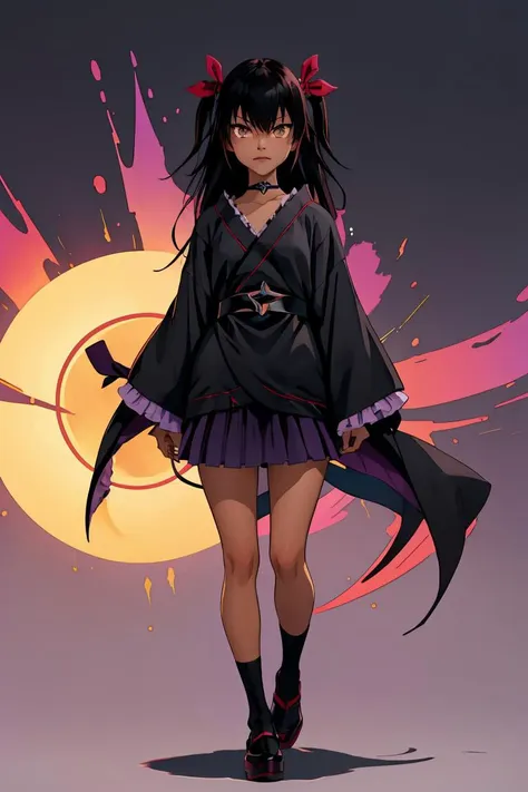 (masterpiece, best quality), 1girl, <lora:nemesis_v1:1> aanemesis, long hair, black hair, two side up, hair ribbon, tan, dark skin, black choker, frills, japanese clothes, (black kimono:1.2), obi, purple skirt