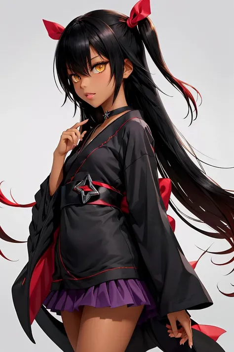 (masterpiece, best quality), 1girl, <lora:nemesis_v1:1> aanemesis, long hair, black hair, two side up, hair ribbon, tan, dark skin, black choker, frills, japanese clothes, (black kimono:1.2), obi, purple skirt