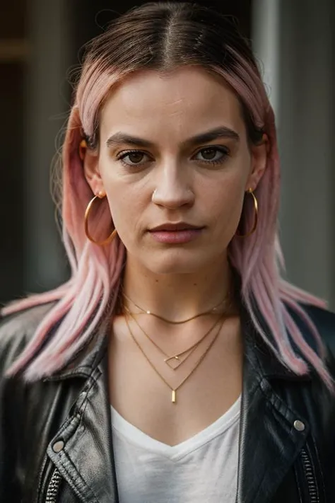 <lora:3mm4m4ck3y:1>, Realistic photo of a beautiful 3mm4m4ck3y woman, 1girl, solo, long hair, brown hair, brown eyes, jewelry, pink hair, earrings, necklace, lips, looking to the side, looking away, portrait, forehead, hoop earrings, realistic, soft lighting, professional Photography, Photorealistic, detailed, RAW, analog, sharp focus, 8k, HD, DSLR, high quality, Fujifilm XT3, film grain, award winning, masterpiece