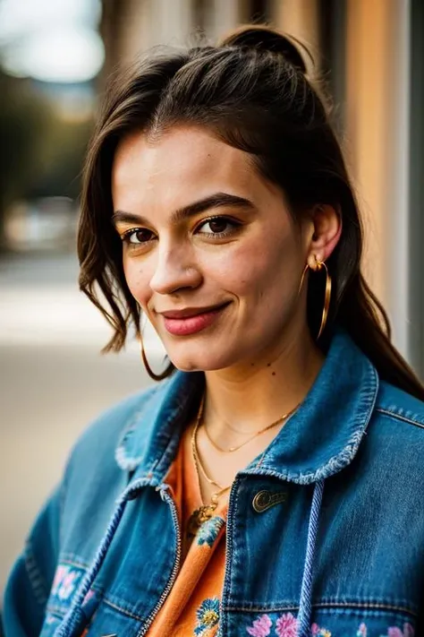 <lora:3mm4m4ck3y:1>, Realistic photo of a beautiful 3mm4m4ck3y woman, 1girl, solo, long hair, looking at viewer, smile, brown hair, shirt, brown eyes, jewelry, jacket, upper body, earrings, blurry, lips, black jacket, blurry background, floral print, sunglasses, blue jacket, eyewear on head, forehead, freckles, realistic, orange shirt, denim jacket, soft lighting, professional Photography, Photorealistic, detailed, RAW, analog, sharp focus, 8k, HD, DSLR, high quality, Fujifilm XT3, film grain, award winning, masterpiece