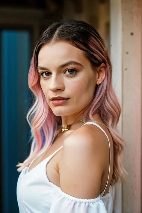 <lora:3mm4m4ck3y:1>, Realistic photo of a beautiful 3mm4m4ck3y woman, 1girl, solo, long hair, looking at viewer, blonde hair, brown eyes, jewelry, pink hair, multicolored hair, lips, blue background, ring, head rest, realistic, soft lighting, professional Photography, Photorealistic, detailed, RAW, analog, sharp focus, 8k, HD, DSLR, high quality, Fujifilm XT3, film grain, award winning, masterpiece
