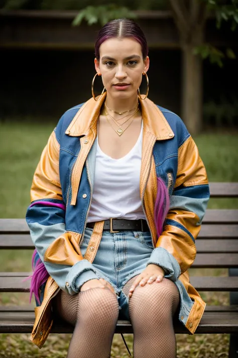 <lora:3mm4m4ck3y:1>, Realistic photo of a beautiful 3mm4m4ck3y woman, 1girl, solo, long hair, looking at viewer, skirt, blonde hair, shirt, long sleeves, brown eyes, jewelry, sitting, jacket, pink hair, pantyhose, multicolored hair, earrings, outdoors, parted lips, open clothes, striped, belt, necklace, blurry, bracelet, open jacket, lips, black jacket, ring, crossed legs, denim, red shirt, fishnets, zipper, hoop earrings, realistic, nose, fishnet pantyhose, bench, leather, leather jacket, denim jacket, professional Photography, Photorealistic, detailed, RAW, analog, sharp focus, 8k, HD, DSLR, high quality, Fujifilm XT3, film grain, award winning, masterpiece
