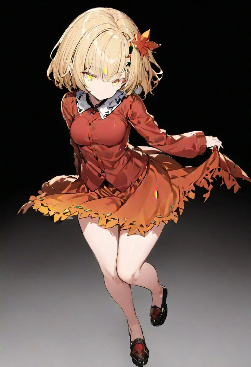 masterpiece, best quality, ultra-detailed, beautiful, nai3, 1girl, solo, full_body, tachi-e,
(aki_shizuha), solo, 1girl, blonde_hair, short_hair, yellow_eyes, leaf_hair_ornament, red_shirt, skirt, long_sleeves, dress, hair_ornament, orange_eyes, red_dress,