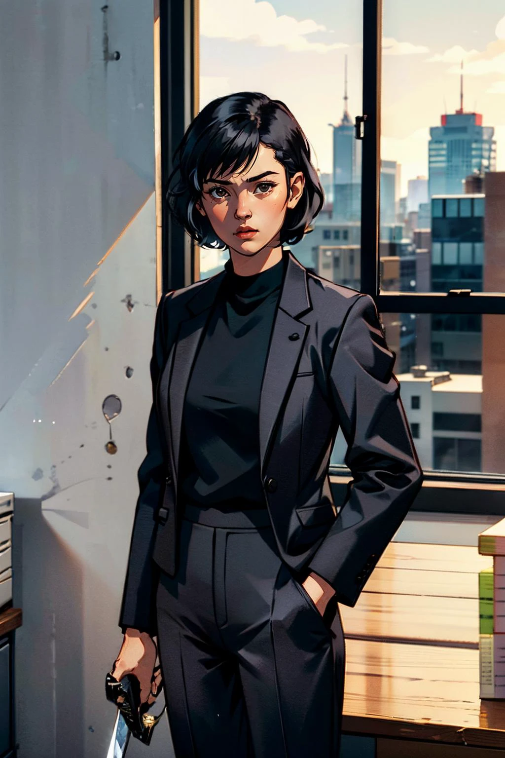 AsukaGTA, woman, short black hair, black suit jacket, black shirt, black pants, looking at viewer, serious, standing, holding sword, katana, inside office, window, cityscape, high quality, masterpiece, <lora:AsukaGTA:.7>
