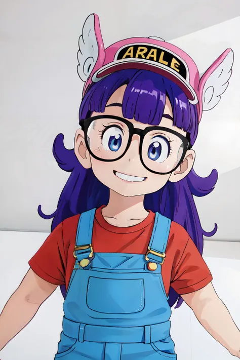 (masterpiece, best quality;1.3), ultra detailed, 1girl, solo, arale, glasses, blue eyes, long hair,purple hair, short sleeves, wing hat, wing cap, red shirt, blue overalls, smile,
<lora:arale:0.8>