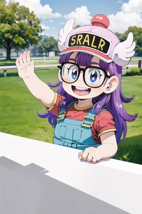 8k,(masterpiece:1.4)(best quality:1.4),(top quality),(anime style), 1girl,glasses,blue eyes, long hair,purple hair, smiles,short sleeves, wing hat , red shirt,blue overalls, village, outdoors, looking at viewer, solo focus, (shiny skin) , <lora:arale:1>