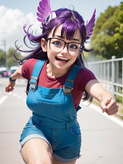 1 cute girl,masterpiece,best quality,photorealistic,HDR,8K,detailed face,beautiful face,detailed skin,arale,glasses,blue eyes,long hair,purple hair,short sleeves,wing hat,wing cap,red shirt,blue overalls,<lora:arale:0.7>, smile, looking at viewer, running