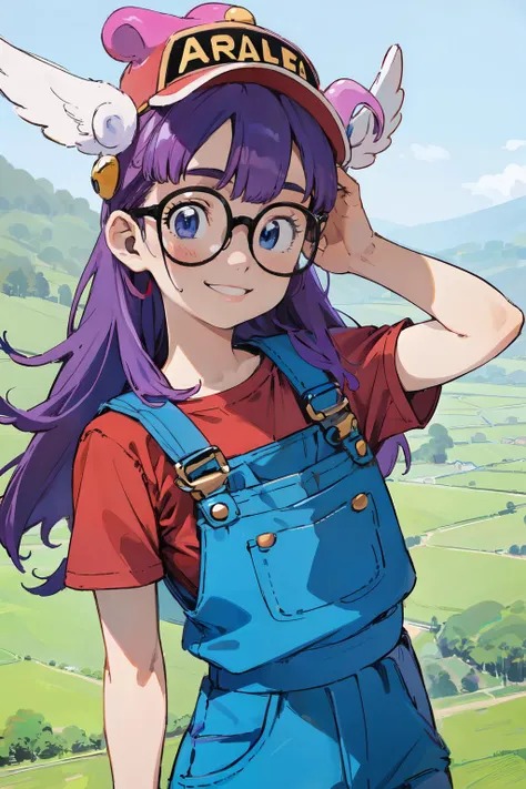 (masterpiece, best quality;1.3), ultra detailed, 1girl, solo, arale, glasses, blue eyes, long hair,purple hair, short sleeves, wing hat, wing cap, red shirt, blue overalls, smile,
<lora:arale:0.6> rural village background